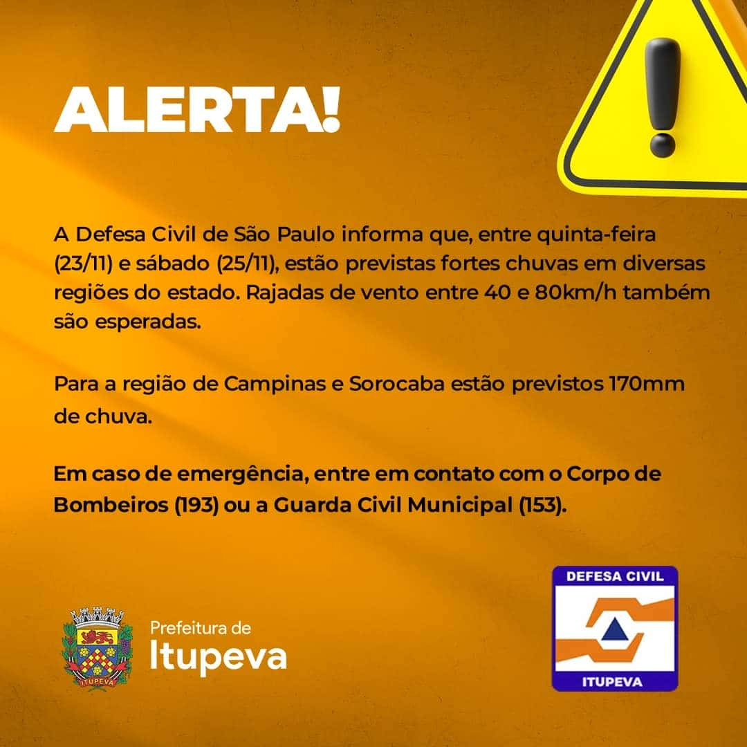 Defesa Civil  alerta  que, entre quinta, 23 e  sábado, 25, terá tempestade 