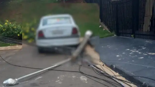 Poste é derrubado por caminhão cai em carro em frente à prefeitura de Itupeva