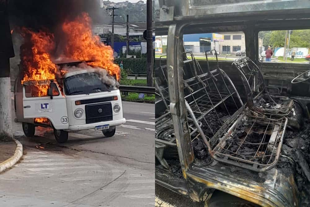 Perua destruída pelo fogo no acesso a Anhanguera 