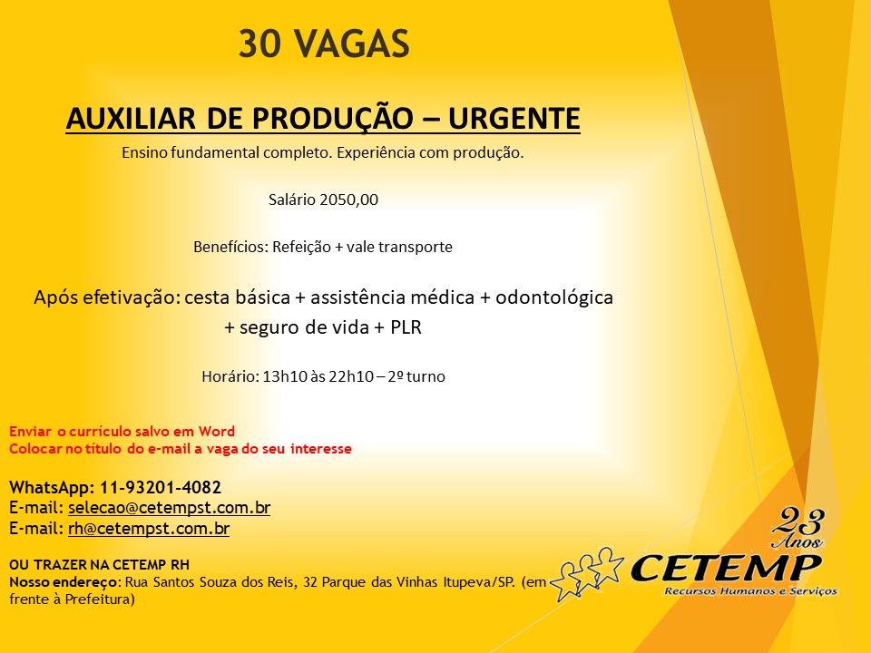 Cetemp tem 30 vagas para Auxiliar de Produção (19/12/2023)